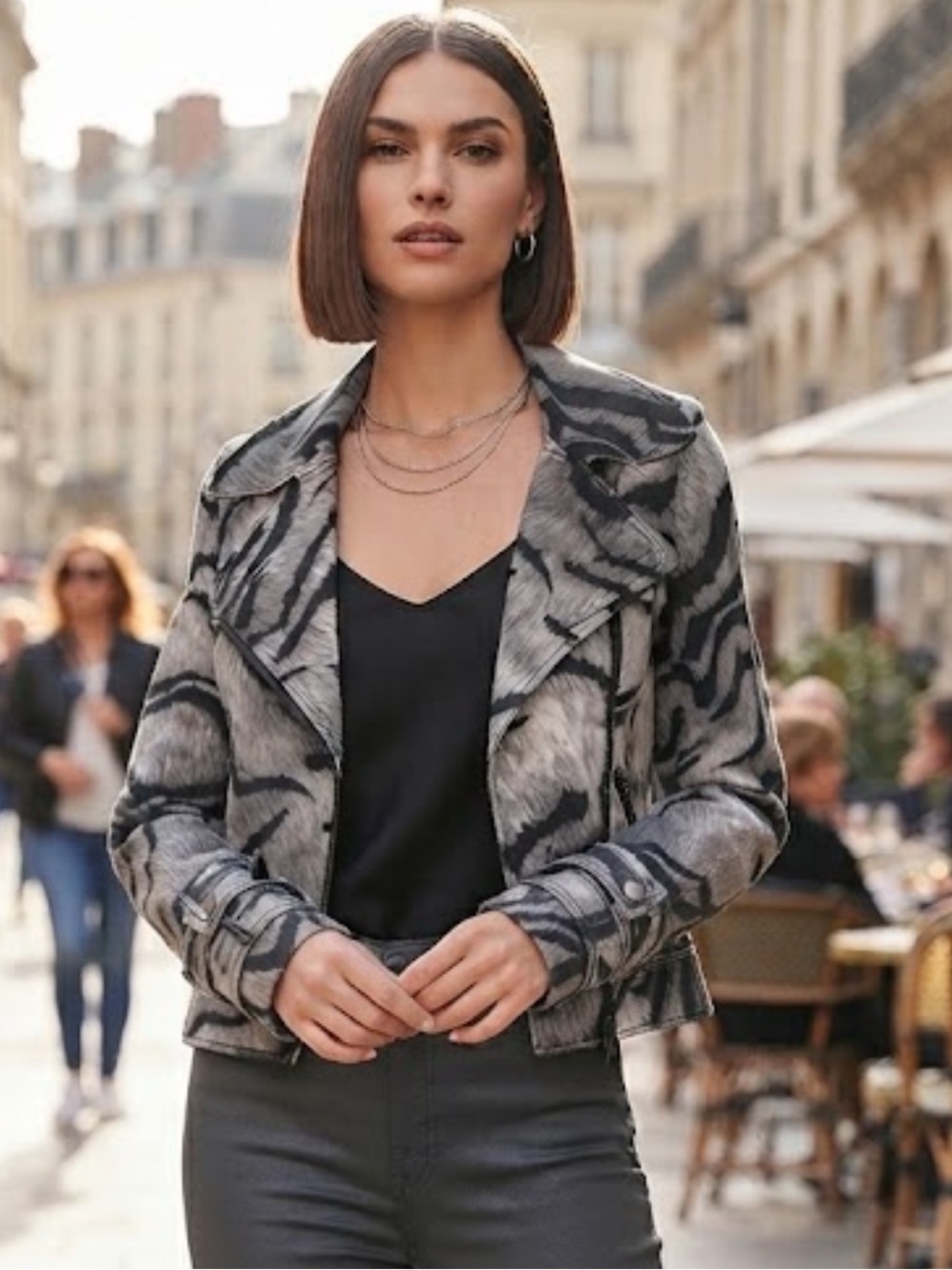 NWOT White House Black Market Grey Tiger Animal Print Moto Jacket